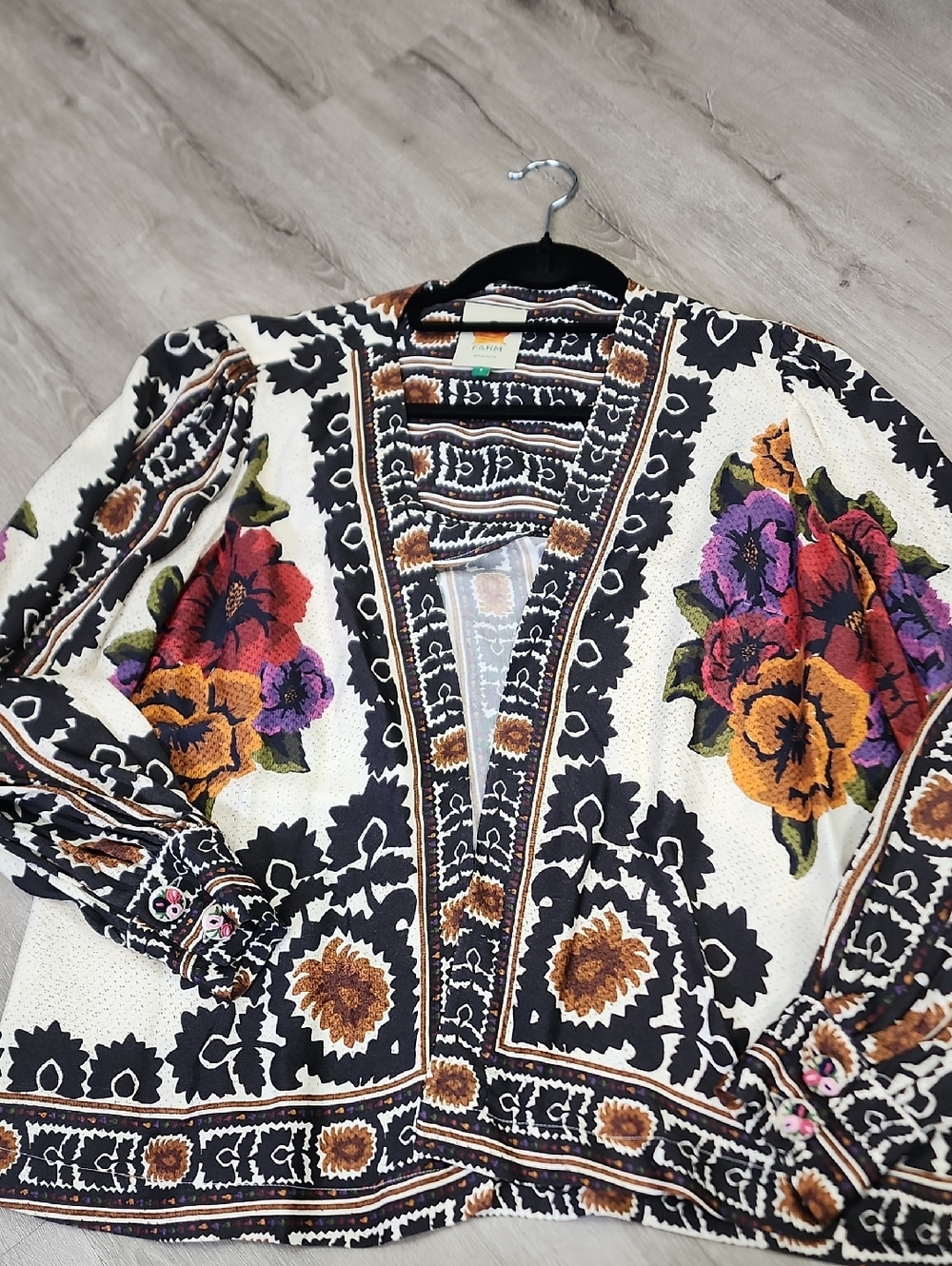 FARM Rio Cream Cardigan with Black Trim and Multicolor Floral Embroidery